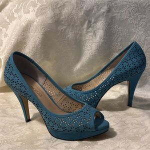 Enzo Angiolini Demario Blue Laser Cut Suede Peep-Toe Heels, Size 7